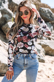 Mock neckline close-up of pink floral mesh slim top