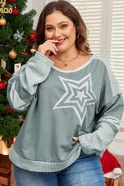 Mist Green Stars Patchwork Plus Size Tee with round neck and star print