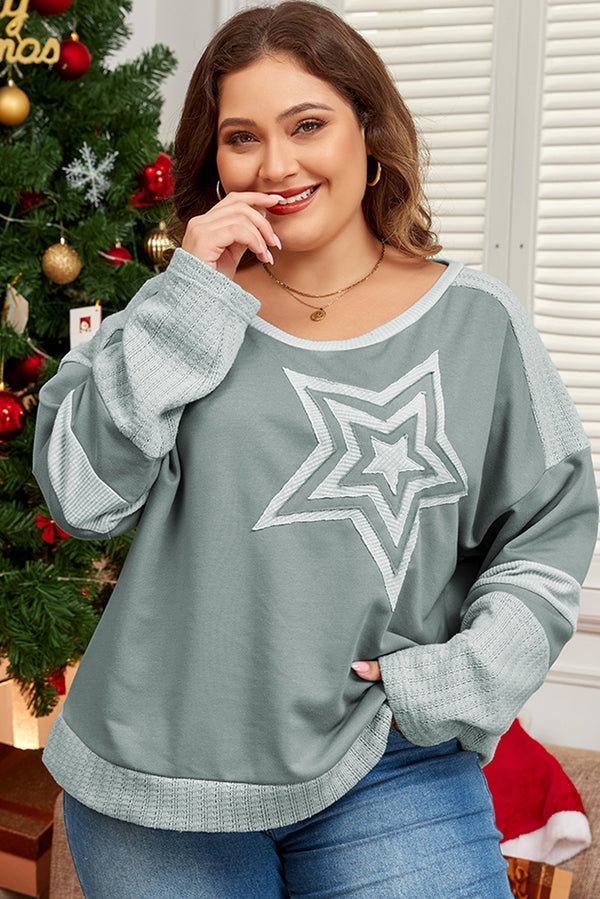 Graphic Tee - Mist Green Stars Patchwork Long Sleeve Plus Size Top