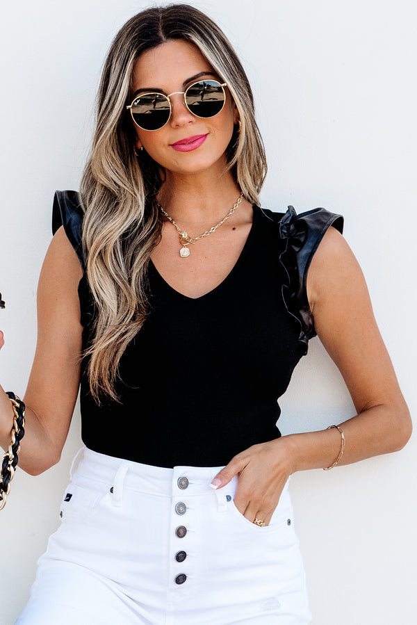 Black Bodysuit — Leatherette Ruffle Ribbed V-Neck Top