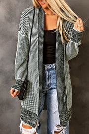 Gray plaid open front cardigan with long-length knit and V-neck drape