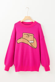 Rose red Western graphic sweater with round neckline and long sleeves