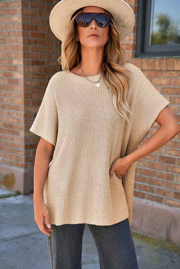 Oversized Sweater — Apricot Short Sleeve Side Slit Knit Tunic