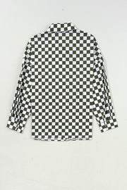 Green plaid button-front shirt styled for casual and business casual wear
