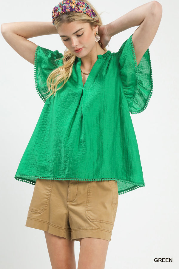 Flutter Sleeve Relaxed Top with Pom-Pom Trim - Emerald Green