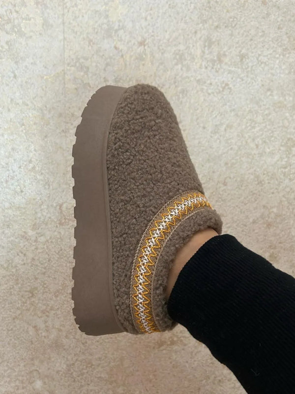 Fur Boots — WILD DIVA Embroidered Trim Platform Sherpa Boots