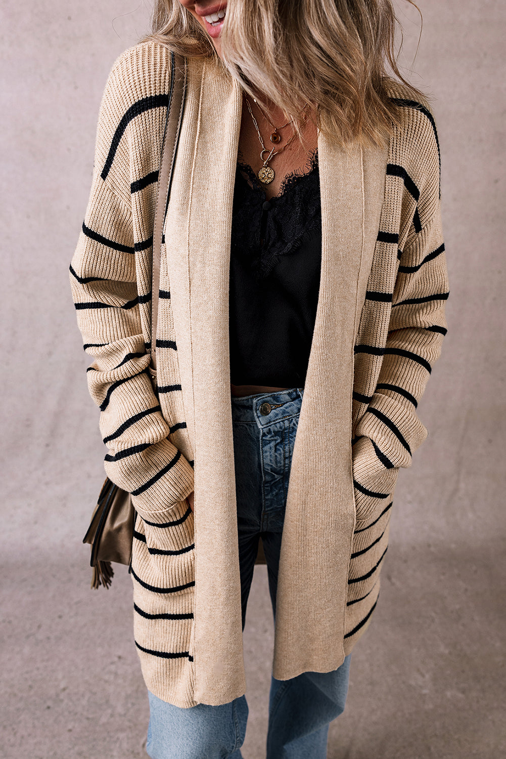 Black Stripe open-front cardigan with shawl neckline and two front pockets