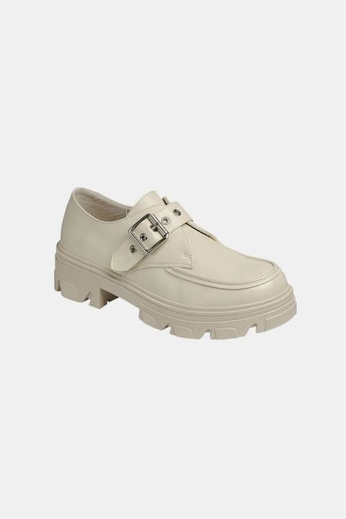 Off-white buckled platform lug sole loafer shown at a three-quarter angle