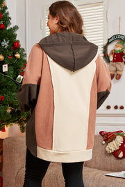 Plus size brown colorblock hoodie with visible exposed seam detail