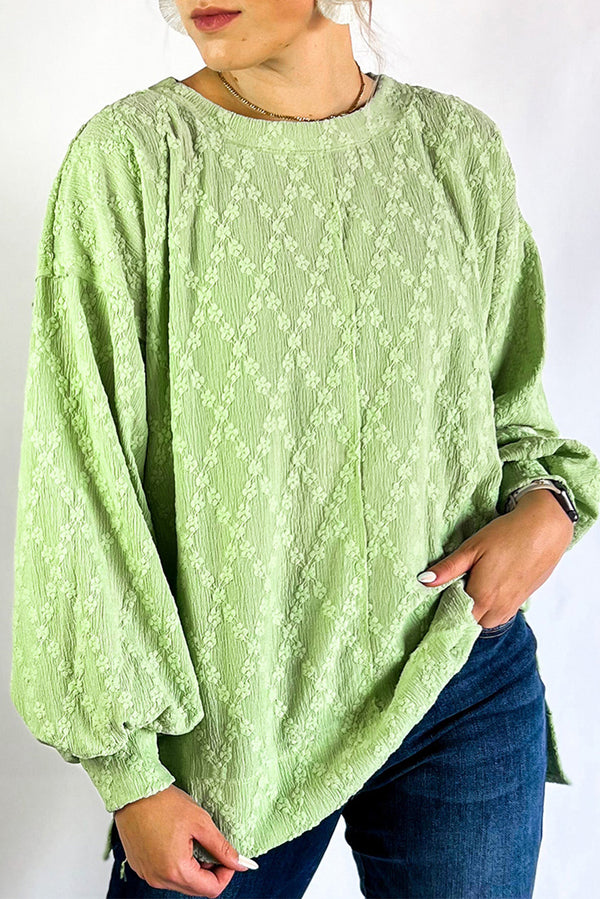 Work Blouse Womens - Light Green Textured Side Split Crew Neck Long Sleeve Top