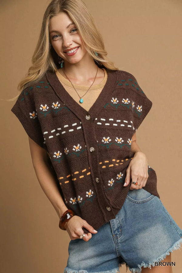 Floral Knit V Neck Button-Down Vest