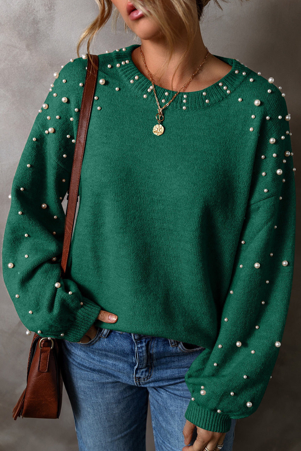 Evergreen Pearled Drop Shoulder Sweater in soft green knit with beaded pearl details
