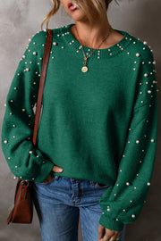 Evergreen Pearled Drop Shoulder Sweater in soft green knit with beaded pearl details