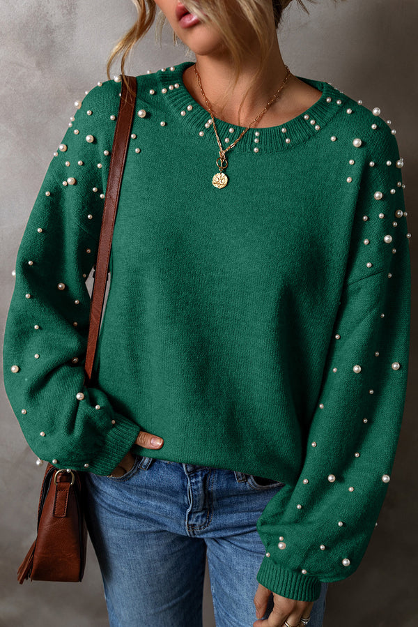 Oversized Sweater with Pearl Details — Evergreen Drop Shoulder Round Neck