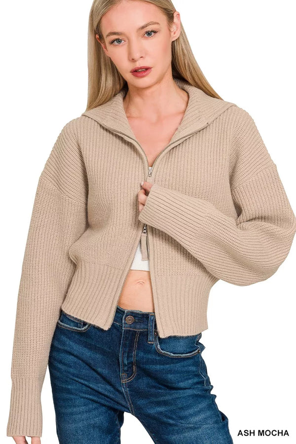 Ash Mocha Ribbed Collared Zip-Up Cardigan Sweater