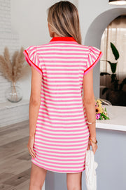 Back view of a person wearing a pink and white striped short dress with red contrast collar and flutter sleeves