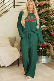 Evergreen corded long sleeve top and pocket pants two-piece set