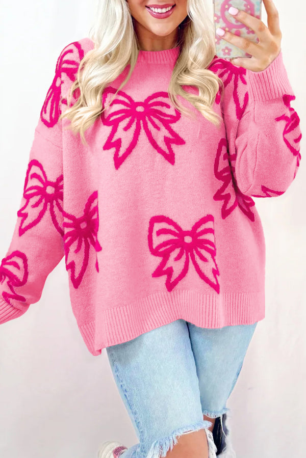 Oversized Sweater with Pink Bow Pattern – Drop Shoulder Loose Knit