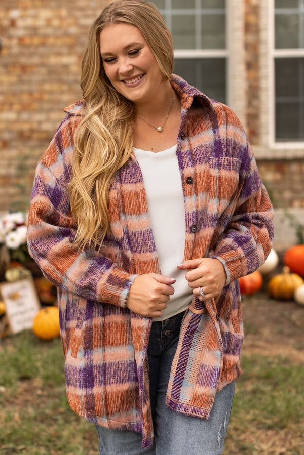 Plus Size Plaid Button-Up Jacket in Multicolour — Loose Shift Fit