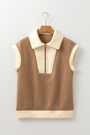 Simply Taupe shift-fit top showing collar and adjustable half zipper
