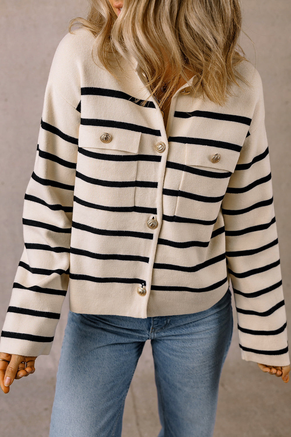 Black Stripe cardigan sweater with buttoned front and flap pockets