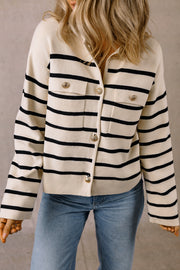 Black Stripe cardigan sweater with buttoned front and flap pockets