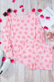 Pink heart print loungewear set with matching relaxed-fit shorts