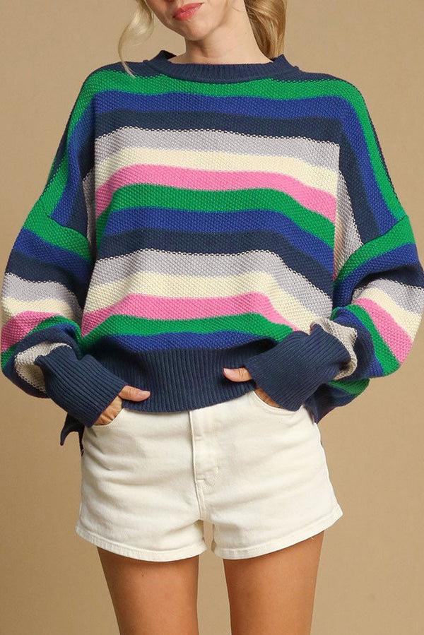 Bright Green Rainbow Striped Drop Shoulder Sweater