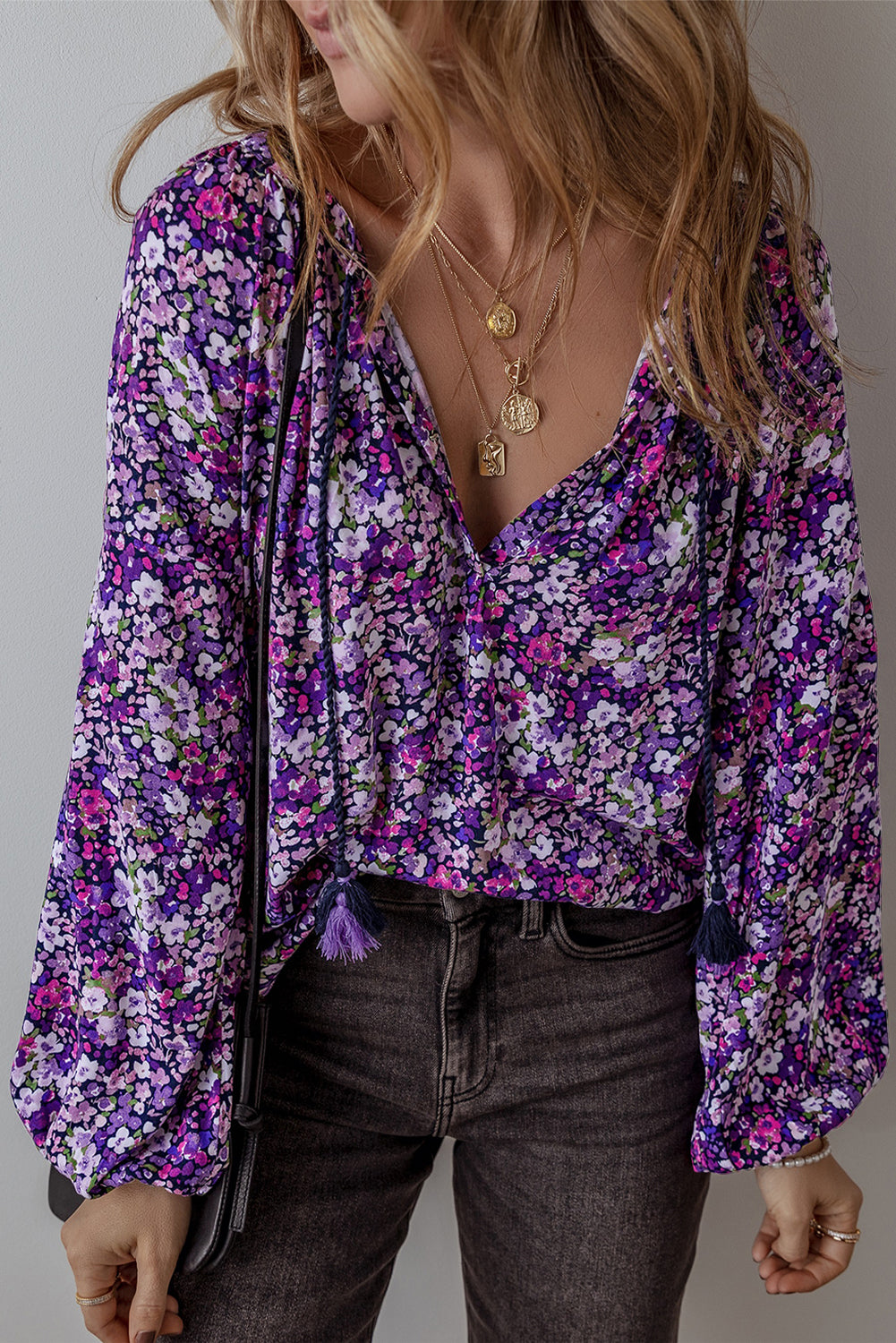 Purple boho floral blouse with split V-neck and knot detail