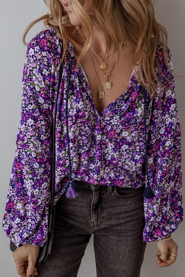 Purple Boho Floral V-Neck Bubble Sleeve Blouse