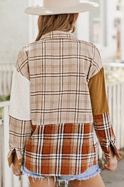 Plaid patchwork shacket with collar and long regular sleeves in a relaxed shift fit