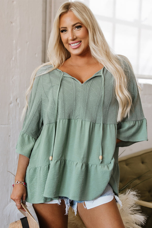 Womens Summer Blouse Top - Laurel Green Tie Split Neck Ruffle Patchwork
