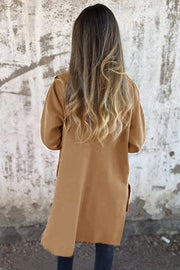 Mid-length hooded coat with smooth front zip closure and long sleeves