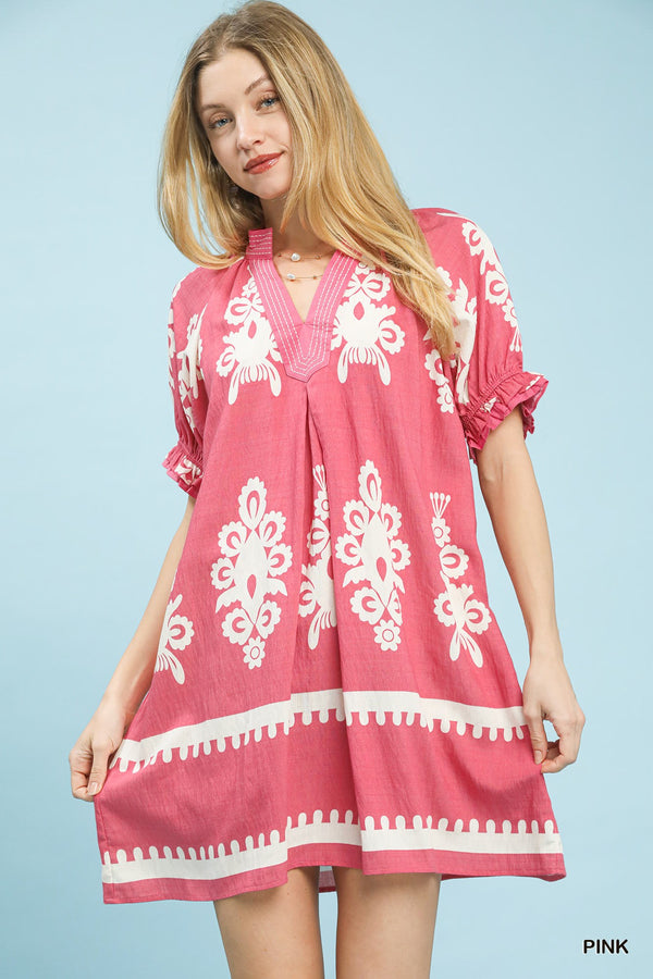 Umgee Two Tone Border Print Mini Dress
