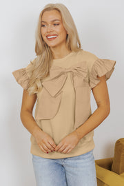 Ribbon bow ruffle sleeve top with short ruffle sleeves and shift silhouette