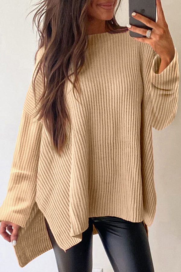 Oversized Sweater in Apricot Cable Knit — Drop Shoulder, Side Slits