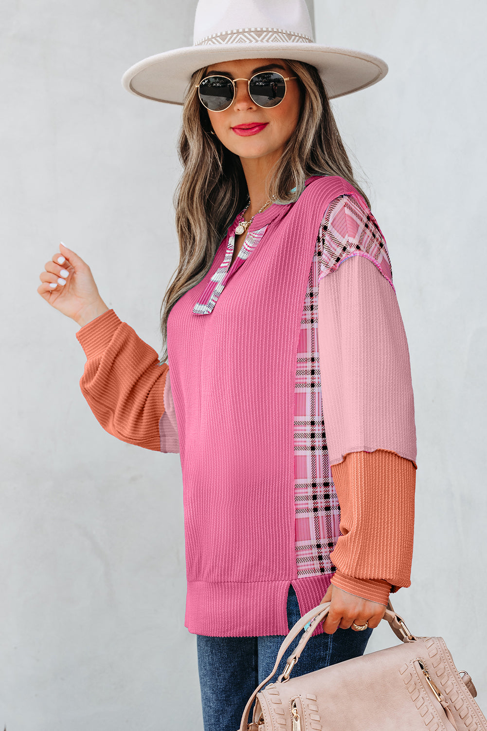 Aruba Blue Corded Texture Colorblock Patchwork Split Neck Long Sleeve Top