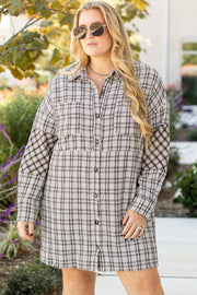 Knee-grazing plaid tunic dress with raw hem detail, 100% polyester