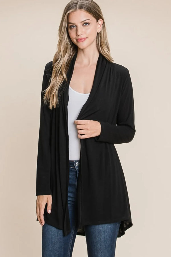 Cozy Open-Front Long Sleeve Black Cardigan