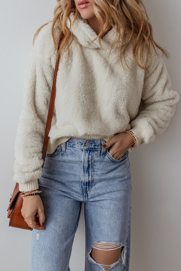 Oversized Hoodie for Women — White Contrast Ribbed Edge Plush Pullover