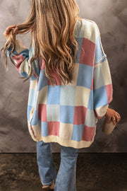 Light Blue Checkered Cardigan showing collarless open front and relaxed shift silhouette