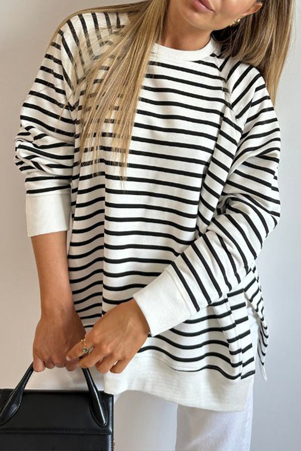 Black Stripe Raglan Sleeve Side Slit Loose Sweatshirt
