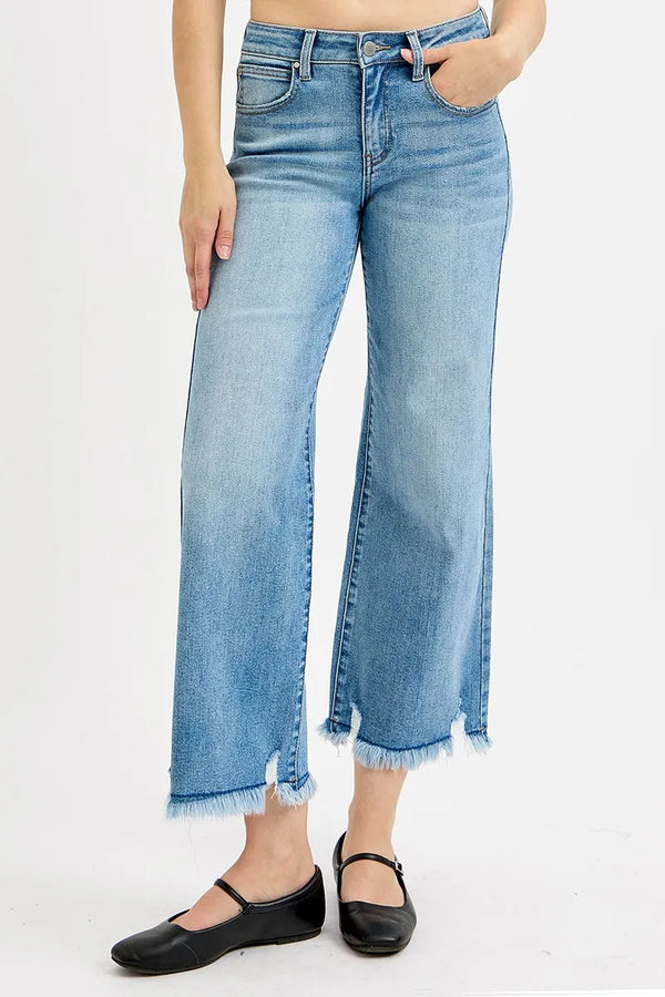 Light Wash Blue Mid Rise Crop Wide Leg Jeans