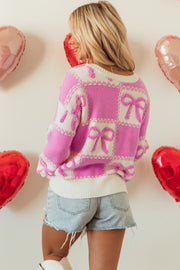 Checkered crew neck sweater with sweet bow knot accent details