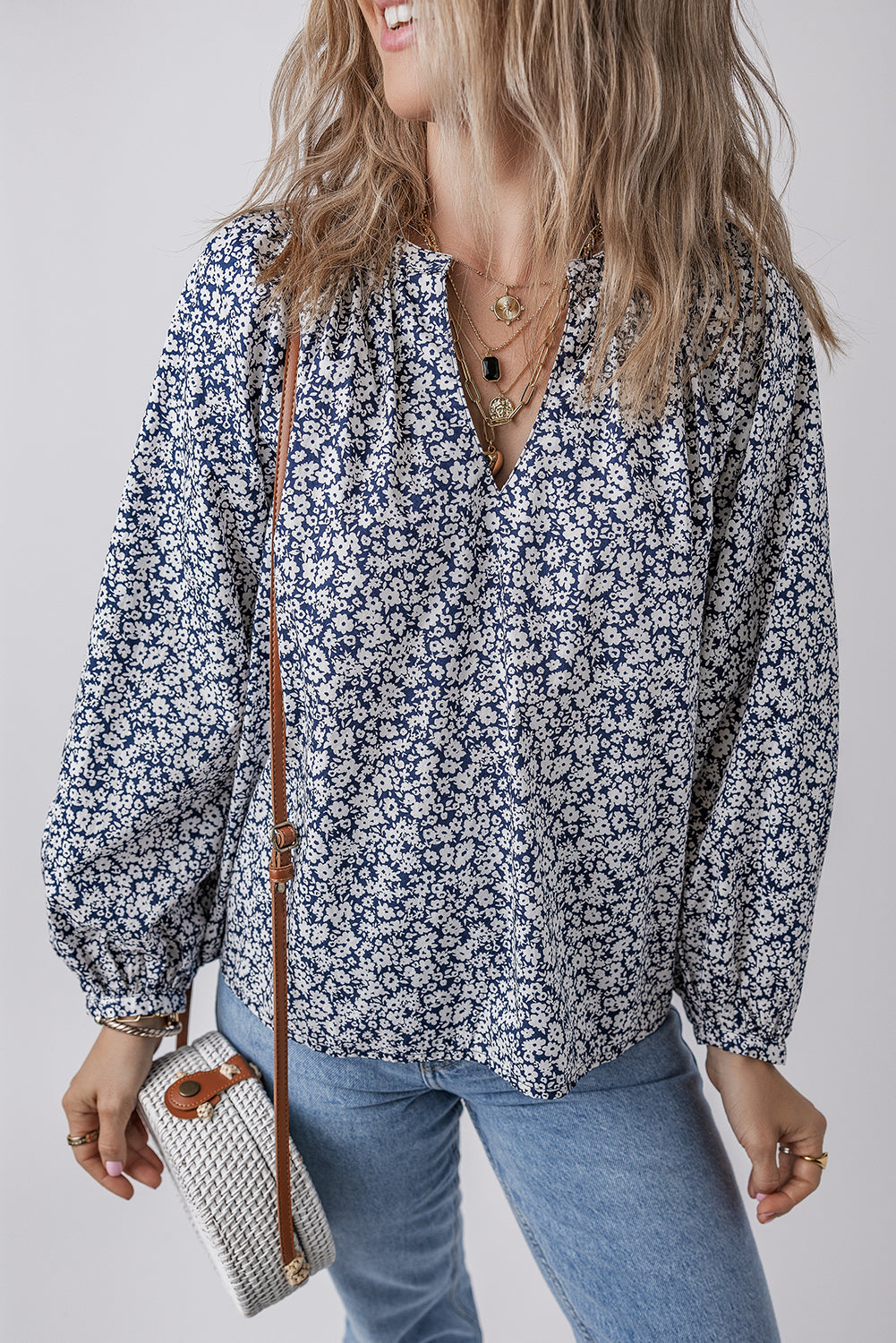 Blue floral notched V neck puff sleeve blouse in soft 100% cotton