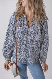Blue floral notched V neck puff sleeve blouse in soft 100% cotton