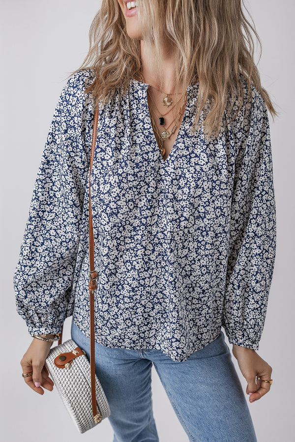 Blue Floral Notched V Neck Puff Sleeve Blouse