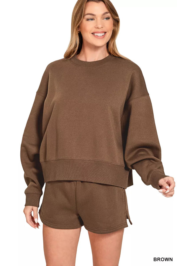 Zenana Fleece Round Neck Sweatshirt & Shorts Set