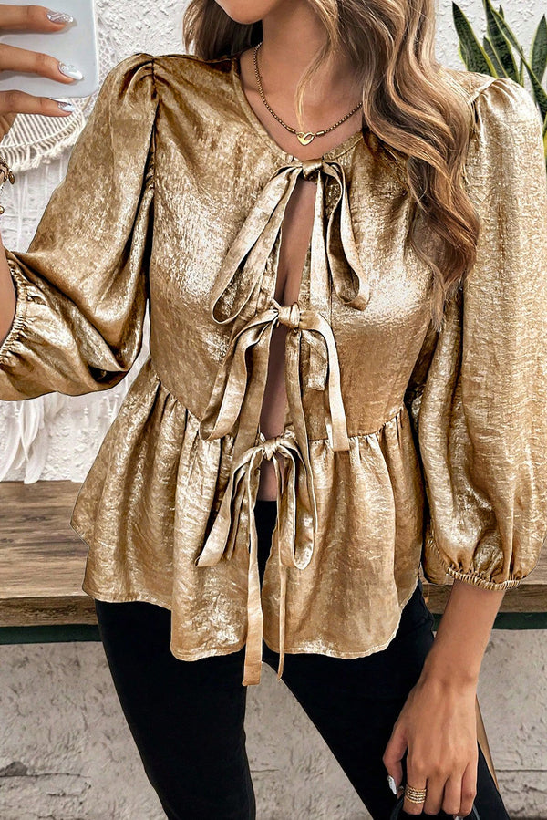Gold Bow Tie Front Puff Sleeve Ruffle Hem Blouse