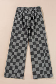 Checkered wide leg denim jeans with slightly pleated front